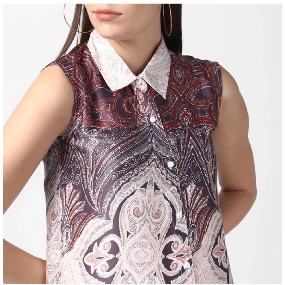 Orange polyester printed sleeveless above knee dress with collar neckline