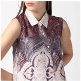 Orange polyester printed sleeveless above knee dress with collar neckline