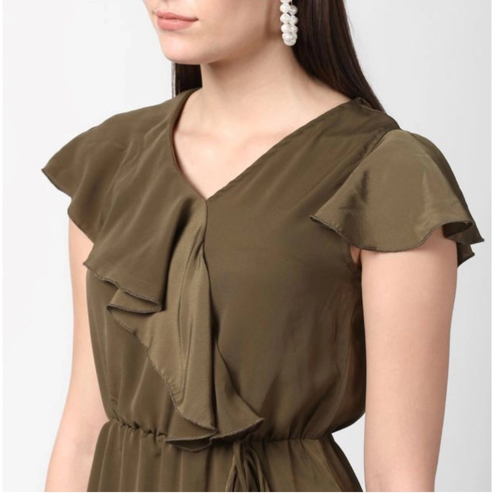 Olive polyester ruffled cap sleeve knee-length dress for women, vintage style with V neck
