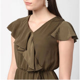 Olive polyester ruffled cap sleeve knee-length dress for women, vintage style with V neck