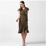 Women's Polyester Ruffled Cap Sleeve Knee-Length Dress (Olive)