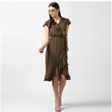 Olive polyester ruffled cap sleeve knee-length dress for women, ruffled pattern on display