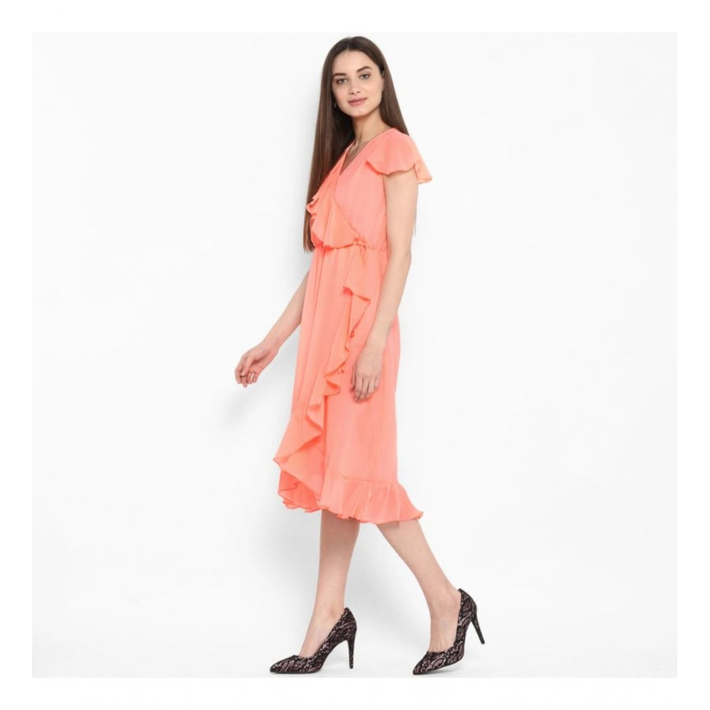 Neon pink polyester ruffled cap sleeve below knee dress for women's summer fashion, vibrant color on model