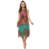 Multicolor polyester floral sleeveless below-knee dress for women, vibrant floral pattern on display