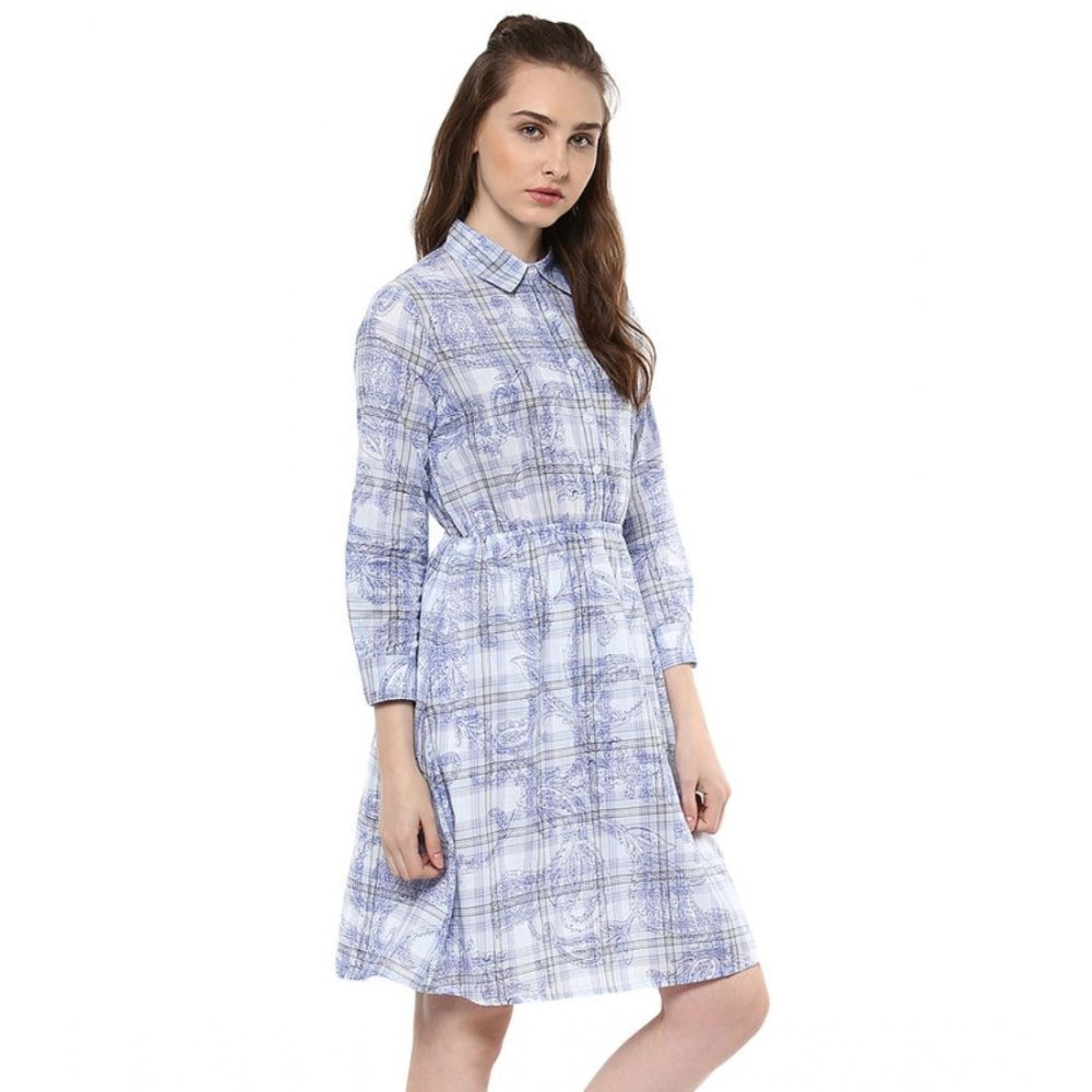 Blue cotton checkered roll-up sleeve above knee dress with collar, patterned for casual summer outings