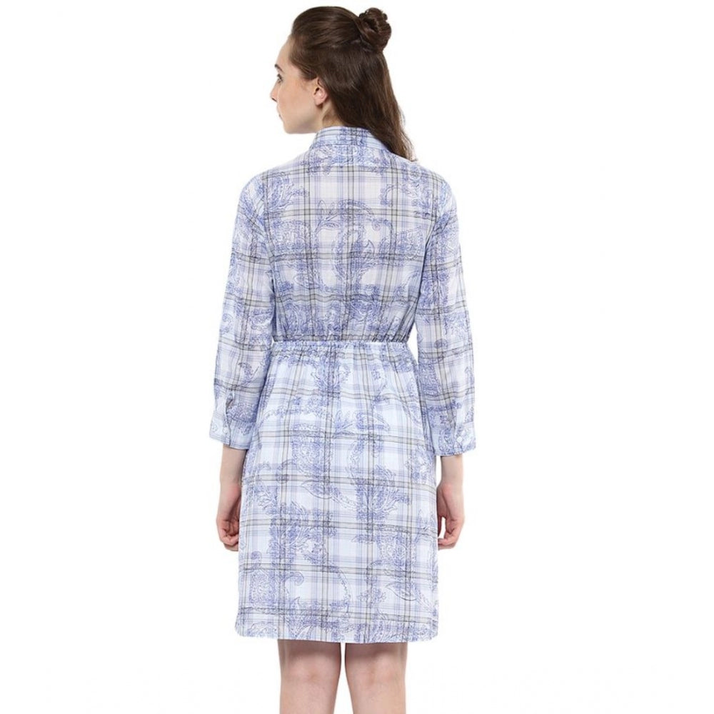 Blue cotton checkered roll-up sleeve above knee dress with collar