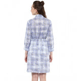 Blue cotton checkered roll-up sleeve above knee dress with collar