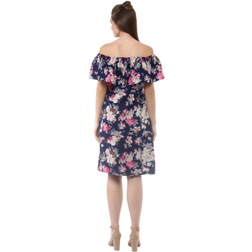 Navy blue polyester crepe floral half sleeve above knee dress for women, off shoulder style with vibrant floral pattern