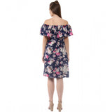 Navy blue polyester crepe floral half sleeve above knee dress for women, off shoulder style with vibrant floral pattern