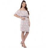 Multicolor rayon floral half-sleeve above knee dress, off shoulder style on mannequin