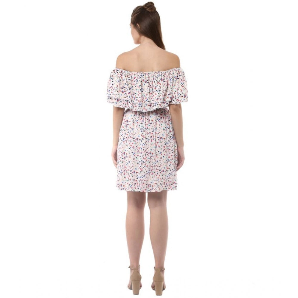 Multicolor rayon floral half-sleeve dress, off-shoulder style with above-knee length