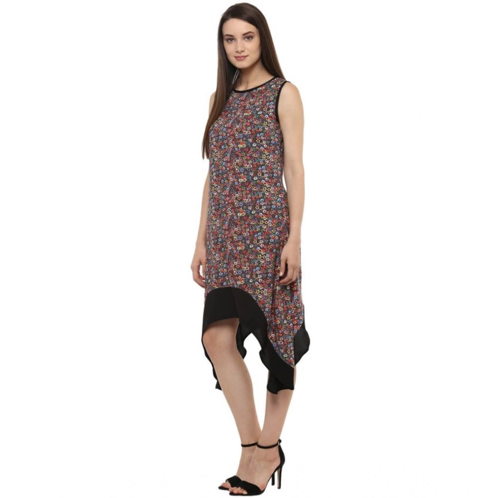 Multicolor polyester printed sleeveless knee-length dress for women, vibrant pattern showcased