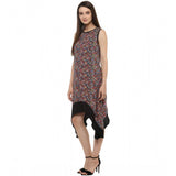 Multicolor polyester printed sleeveless knee-length dress for women, vibrant pattern showcased