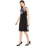 Black & Multicolor polyester printed sleeveless above knee dress for women, vibrant pattern design on display