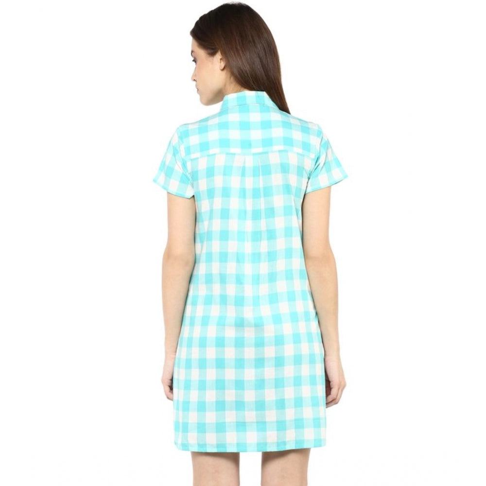 Rayon checkered short sleeve above knee dress, SkuBlue & White style for women