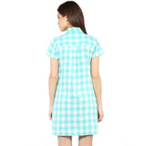 Women's Rayon Checkered Short Sleeve Above Knee Dress (SkuBlue - White)