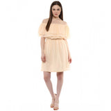Beige polyester sleeveless knee-length dress with off-shoulder neckline