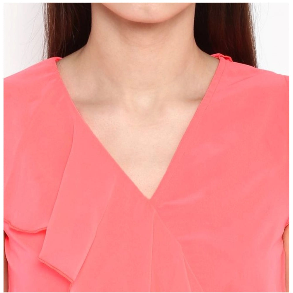 Coral pink polyester ruffled cap sleeve below knee dress for women, vibrant detailing on display