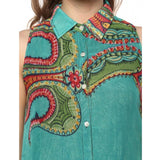 Multicolor polyester floral sleeveless below-knee dress for women, vibrant floral pattern on display