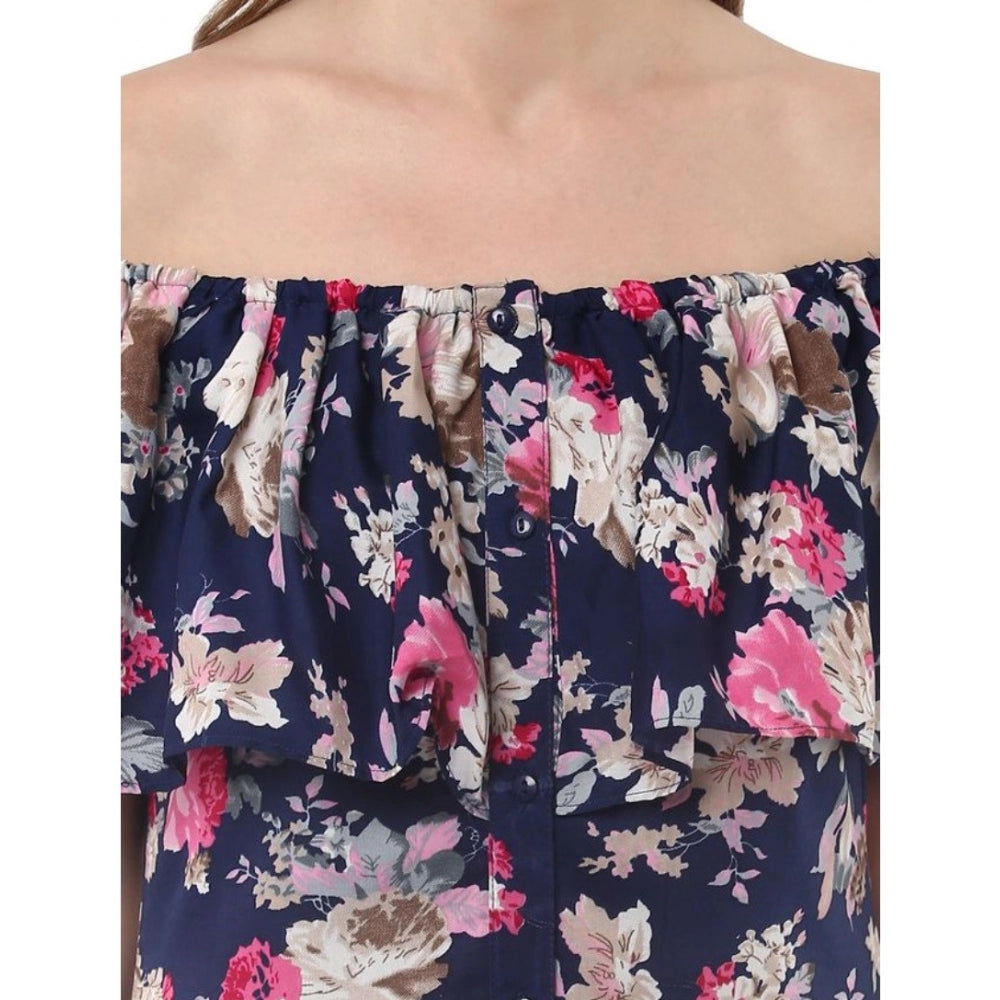 Navy Blue Polyester Crepe Floral Half-Sleeve Dress on mannequin