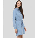 Women's Denim Solid Long Sleeves Above Knee Dress (Blue)