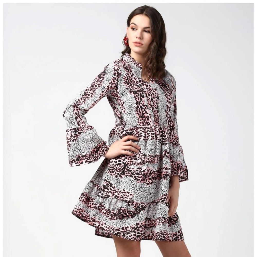 Pink & Black polyester animal print bell sleeve above knee dress for women, featuring collar neckline and bell sleeves