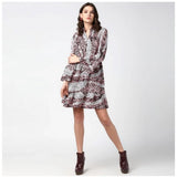 Pink & Black polyester animal print bell sleeve dress with collar, above knee length on mannequin