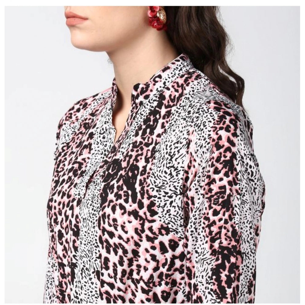 Pink & Black polyester animal print bell sleeve dress for women, collar neckline with bell sleeves above knee length