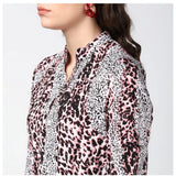 Women's Polyester Animal Print Bell Sleeve Above Knee Dress (Pink - Black)