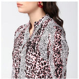 Pink & Black polyester animal print bell sleeve dress for women, collar neckline with bell sleeves above knee length