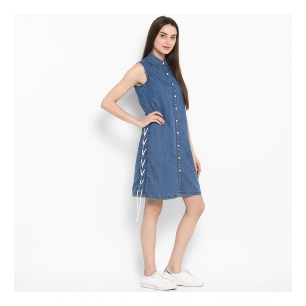 Blue denim solid sleeveless above-knee dress for women on mannequin