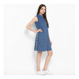 Blue denim solid sleeveless above-knee dress for women on mannequin