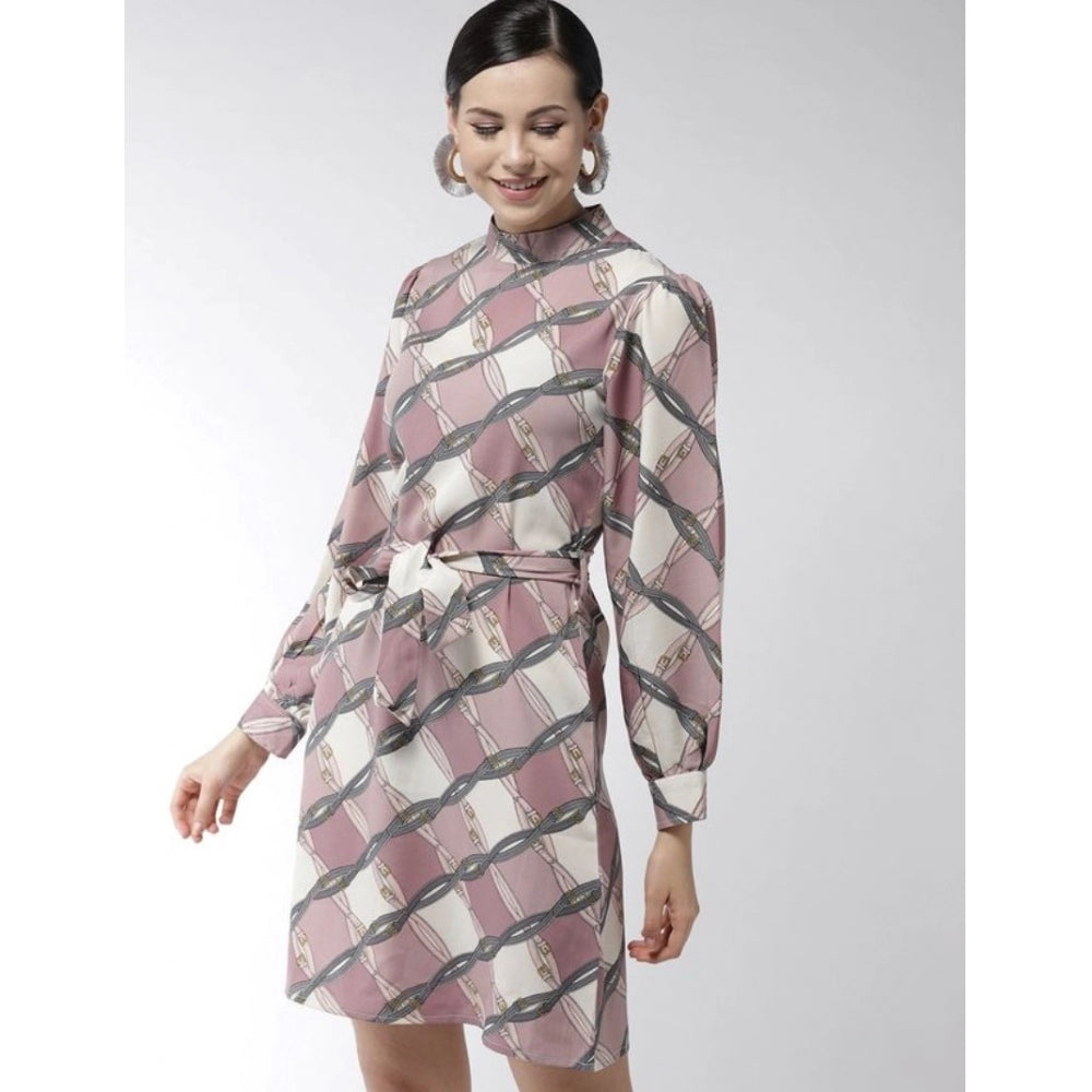 Off white & lavender polyester checkered long sleeves above knee dress for women