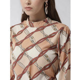 Off white and brown checkered long sleeve above knee dress, polyester material for women's fashion
