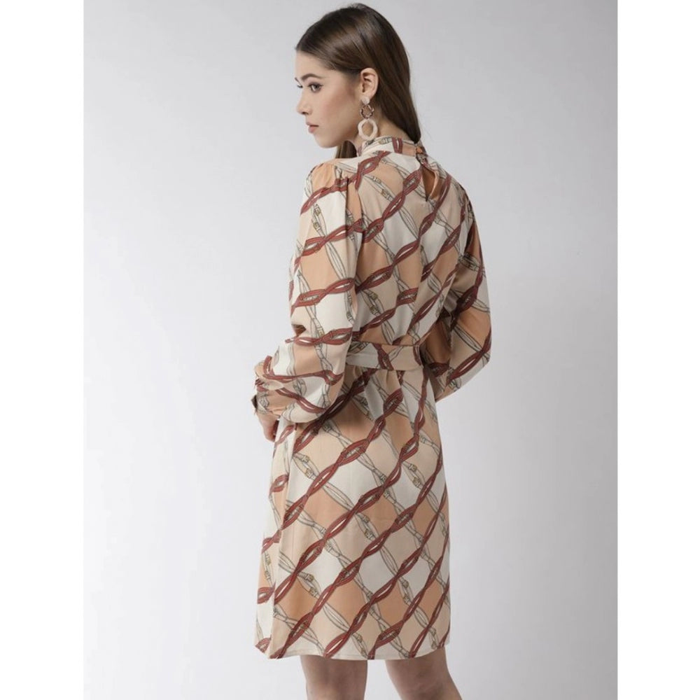 Off White & Brown checkered polyester long sleeve above-knee dress for women