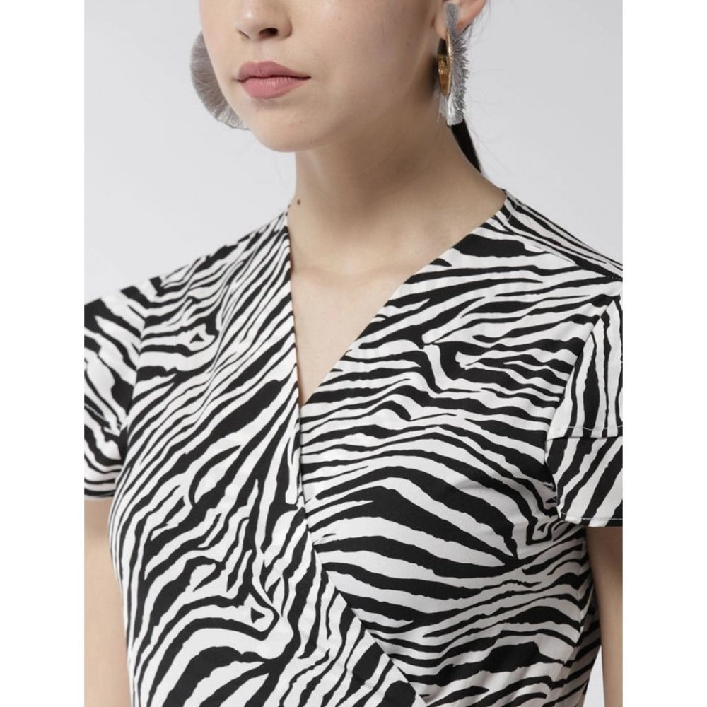 Black & White animal print polyester short sleeve knee-length dress for women