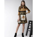 White & Orange satin animal print dress with 3/4th sleeves, above-knee length