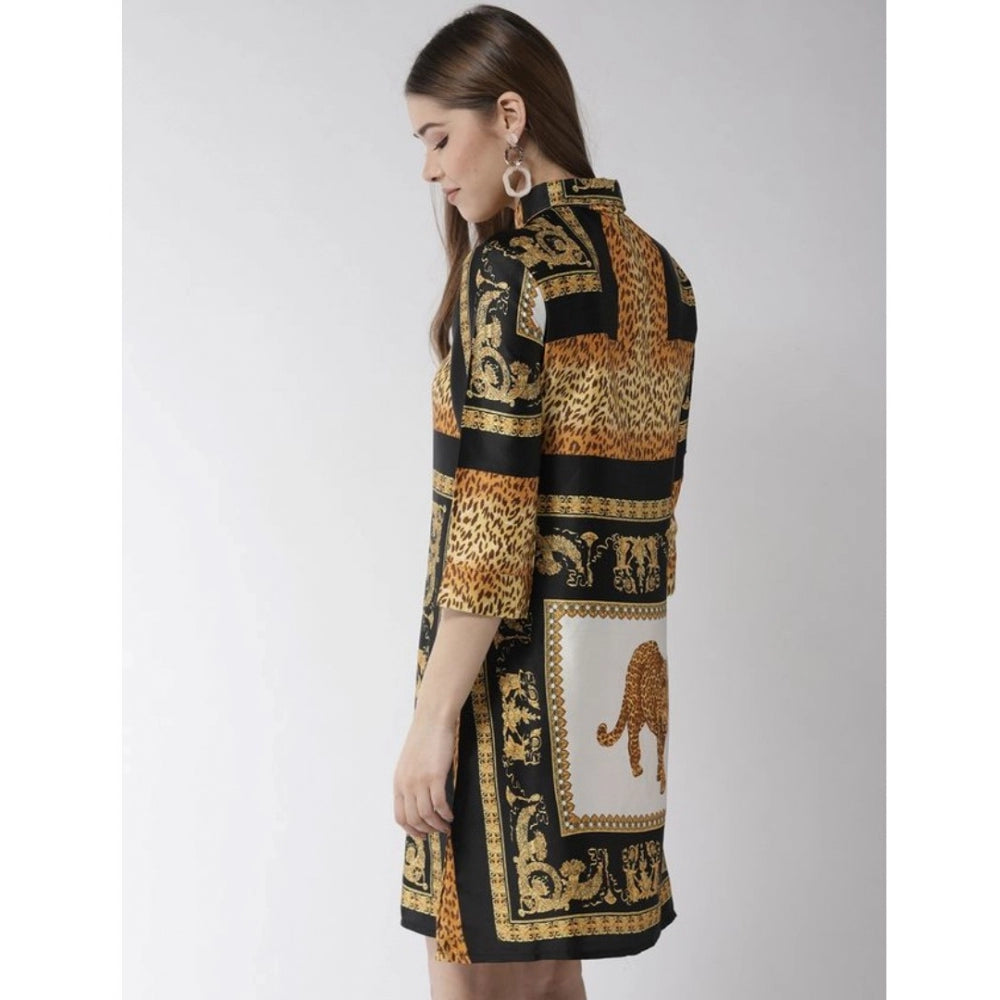White & Orange satin animal print dress with 3/4th sleeves, above knee length