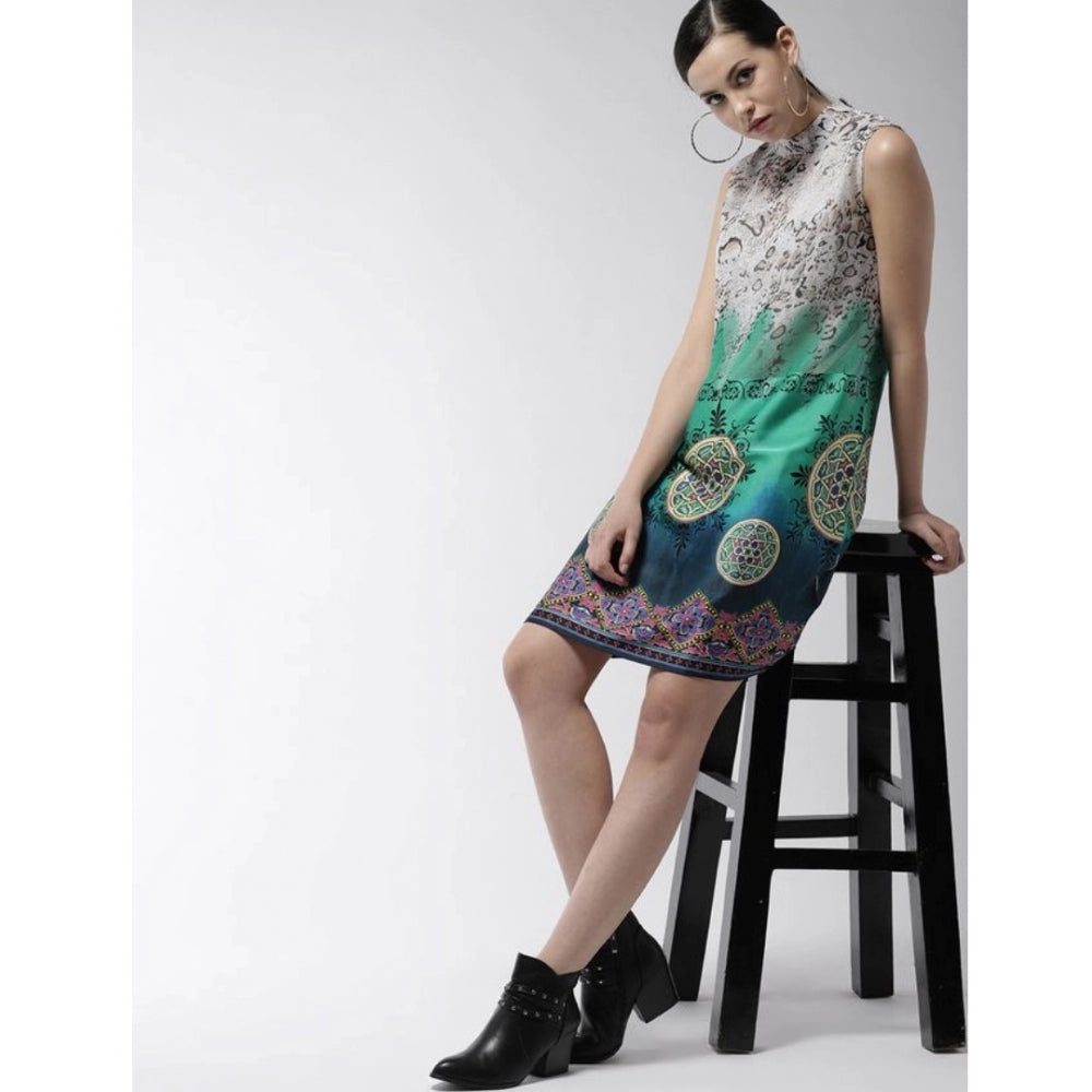 Multicolor printed polyester sleeveless above knee dress for women, vibrant fashion attire on mannequin