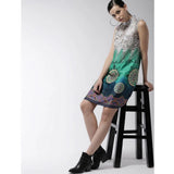 Multicolor printed polyester sleeveless above knee dress for women, vibrant fashion attire on mannequin