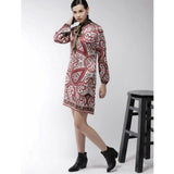 Red polyester printed long sleeves above knee dress with collar detail, vibrant patterns on display