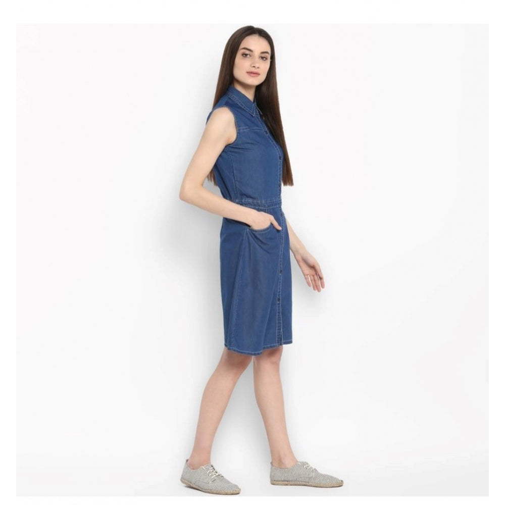 Blue denim solid sleeveless above knee dress for women