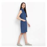 Women's Denim Solid Sleeveless Above Knee Dress (Blue)