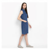Blue denim solid sleeveless above knee dress for women