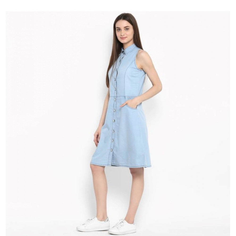 Blue denim solid sleeveless below-knee dress for women, perfect casual wear