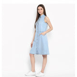 Blue denim solid sleeveless below-knee dress for women, perfect casual wear