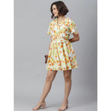 Yellow-Orange polyester printed flutter dress for women, vibrant pattern with V neck and above knee length