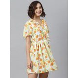 Yellow-Orange polyester printed flutter dress for women, vibrant pattern on a summery above knee style