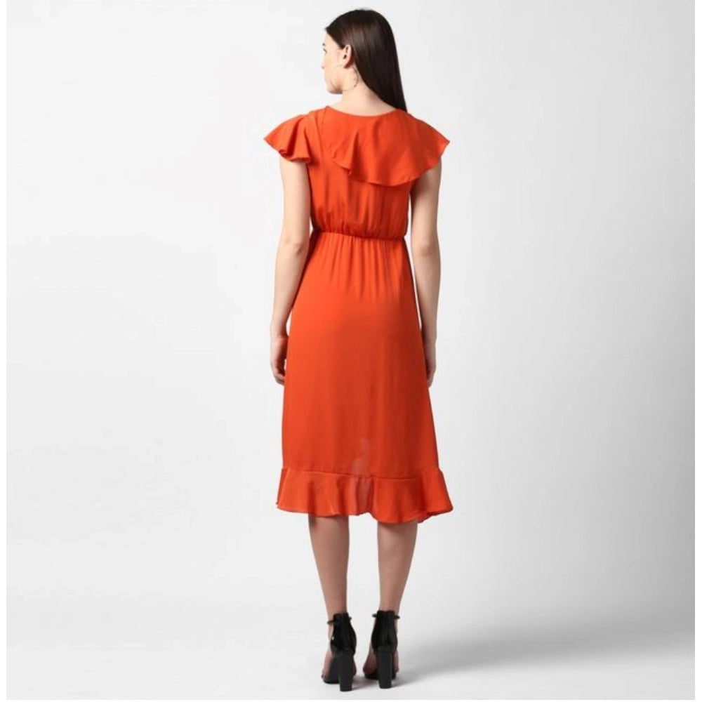 Orange polyester ruffled cap sleeve knee-length dress for women, vibrant and stylish