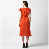 Orange polyester ruffled cap sleeve knee-length dress for women, vibrant and stylish
